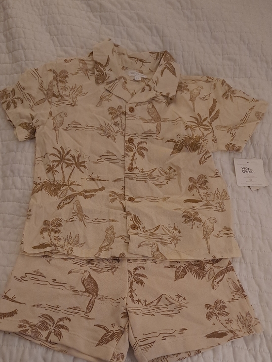 Grayson Mini Other - Grayson Mini Cream Tropical Bird Print Kids Short Set